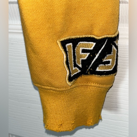 LF Mustard Yellow Distressed Cold Shoulder Shoulderless Hooded Sweatshirt Small - Picture 7 of 16